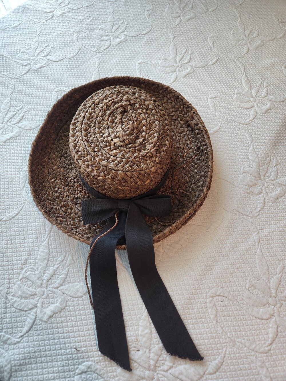 Helen Kaminski Natural Brown Braided Straw Hat with Black Ribbon